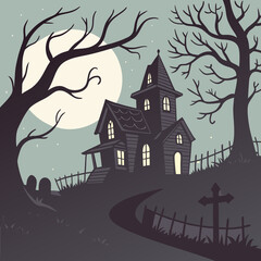 Haunted House in the Middle of the Forest on Halloween Night