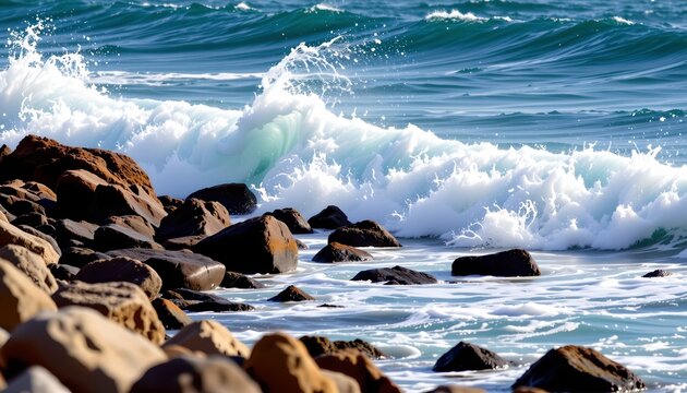 a rocky coastline with powerful ocean waves crashing onto the shore