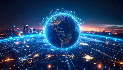 Global network, earth, city lights, digital connections