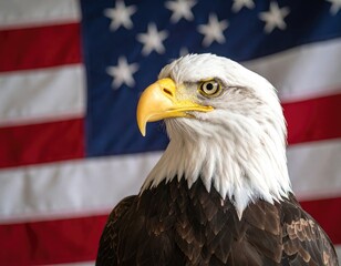 Bald eagle portrait against American flag (2)