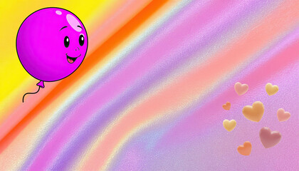 Joyful cartoon balloon with floating hearts on a vibrant, colorful gradient background, perfect for celebrations, children's events, and happy designs.