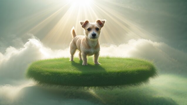 Exploring small tan puppy wandering floating grass platform above clouds, with sunbeams streaming