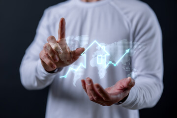 real estate investment concept energy efficiency rating and property value, Real estate online on virtual screens. new home for the family, home search, land price, property tax.