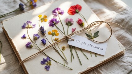 Flat lay of pressed flowers on textured paper dried flowers