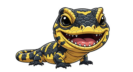 Cute exotic black and yellow Gecko lizard - isolated white background chibi illustration