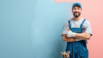 Male house painter in casual attire posing proudly with brush and thumbs up gesture, standing next to wall with paint roller marks.