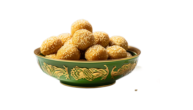A golden bowl overflowing with sweet, round til laddu, sesame seed balls png