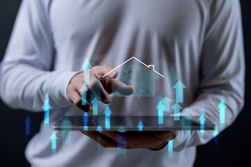 real estate investment concept energy efficiency rating and property value, Real estate online on virtual screens. new home for the family, home search, land price, property tax.