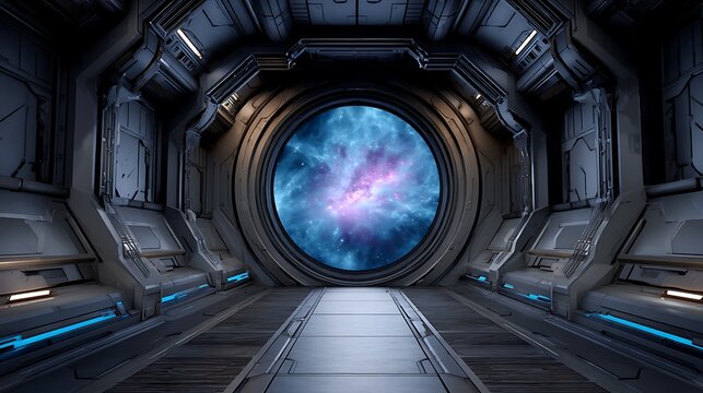 Futuristic sci fi spacecraft corridor with a circular window revealing a vibrant nebula