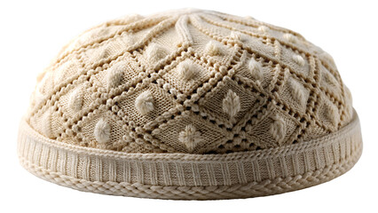 Handmade Knitted Kufi Hat in Cream Color on Transparent Background