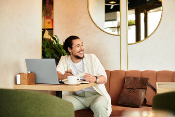 Young man enjoys productive cafe work while sipping coffee in summer sunlight
