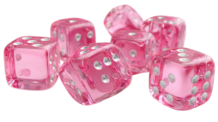 Pink translucent dice scattered, 3D render style, isolated on transparent