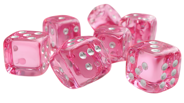 Pink translucent dice scattered, 3D render style, isolated on transparent 