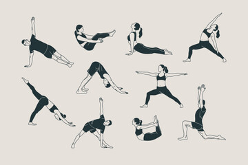 Women and men doing Yoga, Pilates set. Slim people. Hand drawn black silhouettes Vector illustrations. Warrior pose, boat pose, downward facing dog pose. Health care and lifestyle concept. 