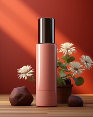 Minimalist Sunscreen Bottle on Rose Background with Flowers & Studio Lighting