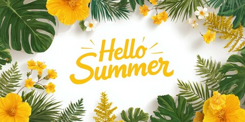 Bright and cheerful summer greeting adorned with vibrant tropical flowers and lush green leaves