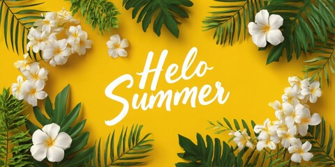 Vibrant tropical greeting features fresh flowers and lush green leaves against a sunny yellow background to celebrate summer's arrival