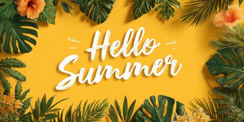 Joyful celebration of summer with vibrant tropical leaves and cheerful floral elements on a bright yellow background welcoming warm days