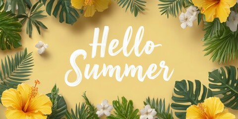 Vibrant yellow backdrop adorned with tropical flowers and greenery welcoming the joys of summer season