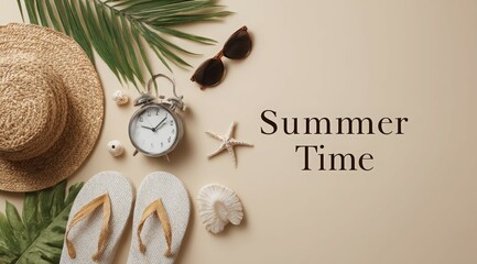 Embracing summer vibes with stylish accessories and tropical elements on a warm sandy backdrop