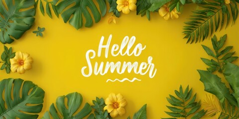Bright yellow summer greeting surrounded by vibrant tropical leaves and flowers celebrating the warmth of the season