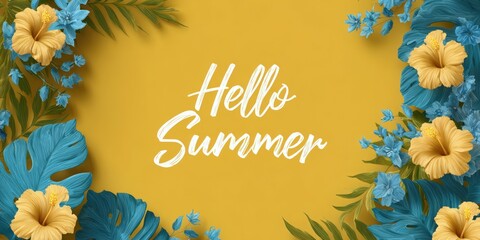 Vibrant tropical flowers frame a cheerful greeting welcoming summer with bright colors and a joyful atmosphere