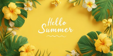Bright summer blooms frame a cheerful greeting under warm tropical vibes in a vibrant and inviting atmosphere