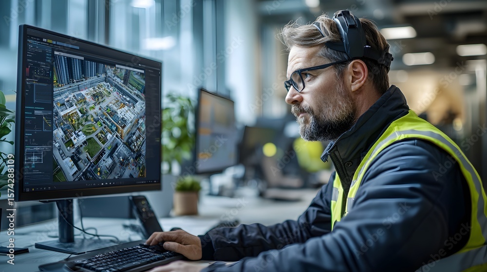 Poster construction worker examines a virtual twin simulation on a computer monitor comparing it to the rea