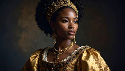 portrait of a person in historical costume with white bonnet, lace-trimmed collar, gold jewelry, and renaissance-style attire against a dark backdrop