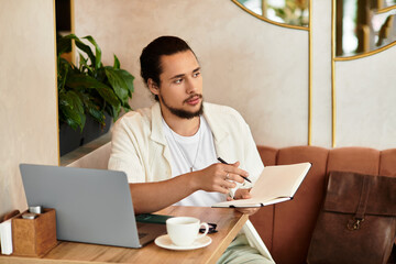 Young man freelancing in a cozy cafe, sipping coffee and planning projects