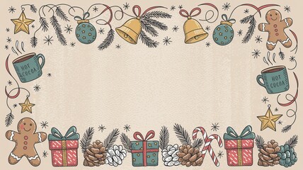Hand drawn Christmas border with festive elements doodle