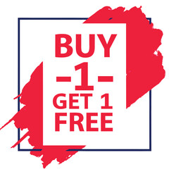 Buy one, get one free special offer label. Sale retail business promotion sticker. Marketing advertising label template vector illustration