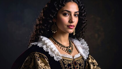 portrait of a person in historical costume with white bonnet, lace-trimmed collar, gold jewelry, and renaissance-style attire against a dark backdrop