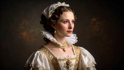 portrait of a person in historical costume with white bonnet, lace-trimmed collar, gold jewelry, and renaissance-style attire against a dark backdrop
