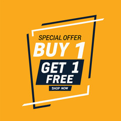 Buy one, get one free special offer label. Sale retail business promotion sticker. Marketing advertising label template vector illustration