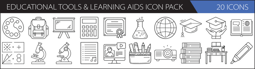 Educational Tools & Learning Aids Icon Pack – 20 Linear Vector Symbols