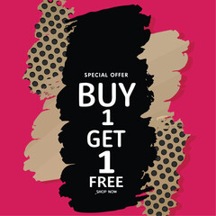 Buy one, get one free special offer label. Sale retail business promotion sticker. Marketing advertising label template vector illustration