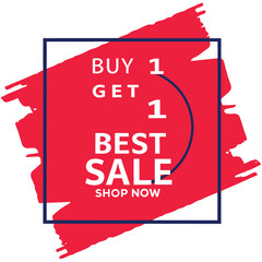 Buy one, get one free special offer label. Sale retail business promotion sticker. Marketing advertising label template vector illustration
