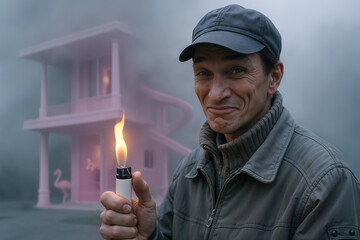 Sarcastic Man Holding Lighter in Front of Burning Pink Dollhouse in Smoke