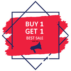 Buy one, get one free special offer label. Sale retail business promotion sticker. Marketing advertising label template vector illustration