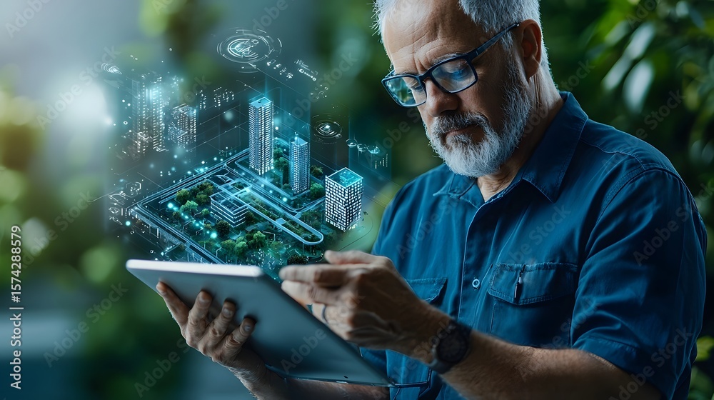 Poster an urban planner using a tablet to adjust and optimize the design of a 3d virtual model of a smart c