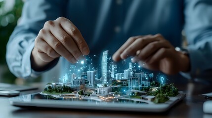 Naklejka premium A team of urban planners collaborating on a 3D virtual model to optimize infrastructure and design for a smart city construction project