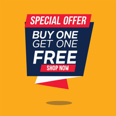 Buy one, get one free special offer label. Sale retail business promotion sticker. Marketing advertising label template vector illustration