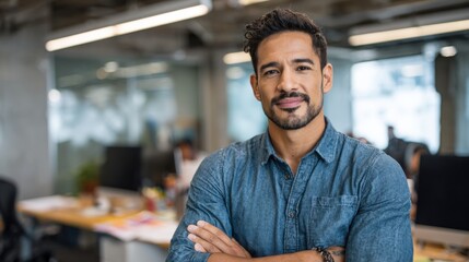 Obraz premium Motivated Hispanic young professional in bright office, confident posture while working on cloud-based HR system.