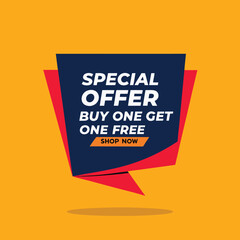 Buy one, get one free special offer label. Sale retail business promotion sticker. Marketing advertising label template vector illustration