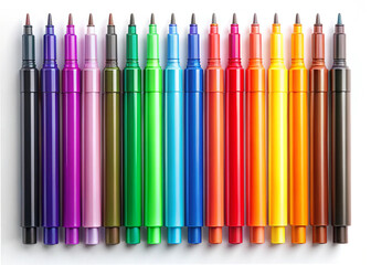 a white background showing a wide variety of marker pens in different colors and styles