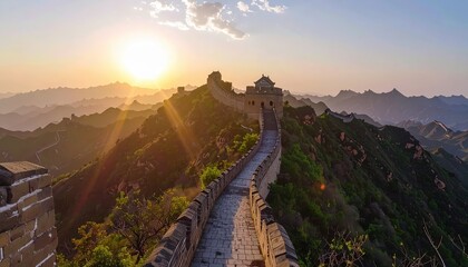 sunset view of the great wall of china winding across mountain peaks with golden light and dramatic sky tones