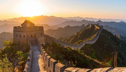 sunset view of the great wall of china winding across mountain peaks with golden light and dramatic sky tones