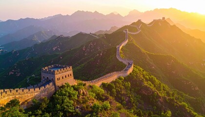 sunset view of the great wall of china winding across mountain peaks with golden light and dramatic sky tones
