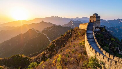 sunset view of the great wall of china winding across mountain peaks with golden light and dramatic sky tones